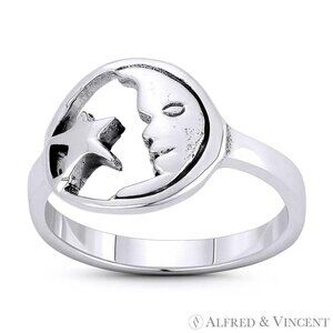 Waxing Crescent Moon Face & Star Lunar Charm Ring in .925 Sterling Silver Sz.6